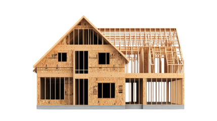 A partially constructed wooden house frame showing the skeletal structure, including walls, roof trusses, and window openings.