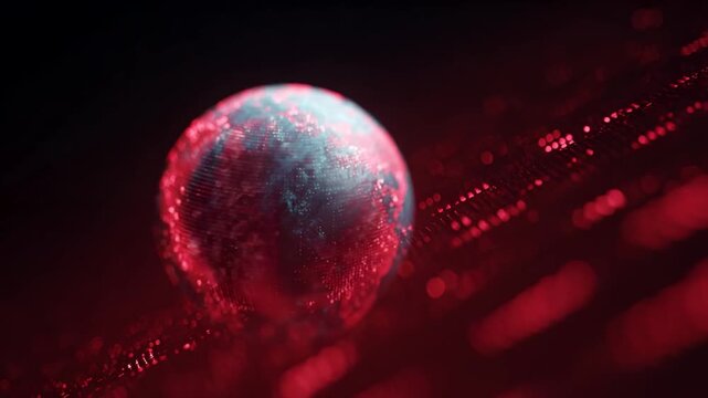 A vibrant digital globe surrounded by abstract red data streams symbolizes innovative technology, digital transformation, and global connectivity includes terms like cyber landscape and data flux