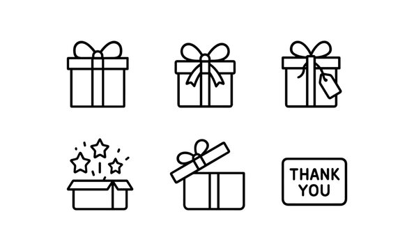 Minimalistic gift box icons with bows and thank you element