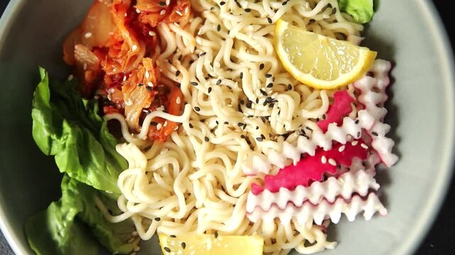 Budha boul noodle fresh gourmet food background on the table rustic food top view copy space vegan and vegetarian food