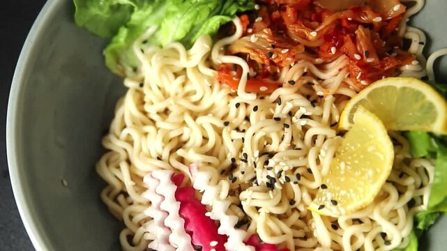 Budha boul noodle fresh gourmet food background on the table rustic food top view copy space vegan and vegetarian food