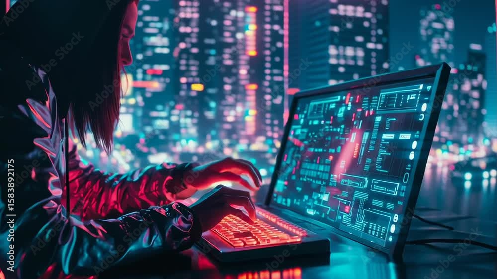Poster a person is typing on a computer keyboard with a red glow. concept of urgency and focus as the perso