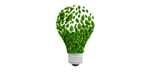 Eco-friendly light bulb with green leaves concept. Symbol of green energy and sustainable resources. Eco tech for carbon neutral goals. Environmental protection illustration.