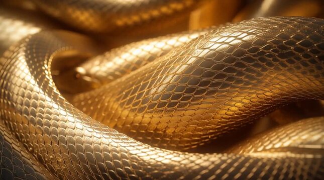 Close-up of golden snake skin texture in abstract light, luxurious serpent scales background with shimmering reflections