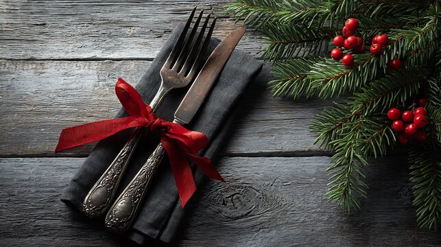 Festive silverware with red ribbon on a napkin and christmas greenery on wood table