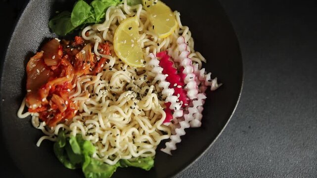 Budha boul noodle fresh gourmet food background on the table rustic food top view copy space vegan and vegetarian food