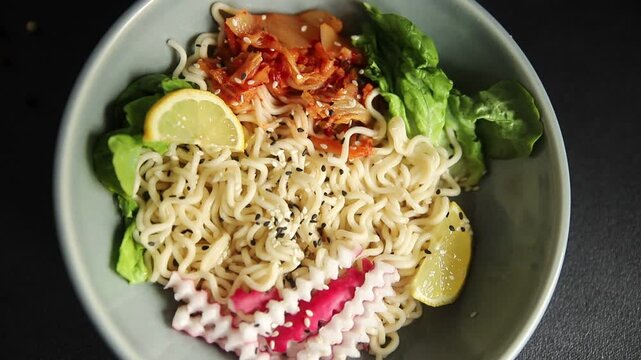 Budha boul noodle fresh gourmet food background on the table rustic food top view copy space vegan and vegetarian food