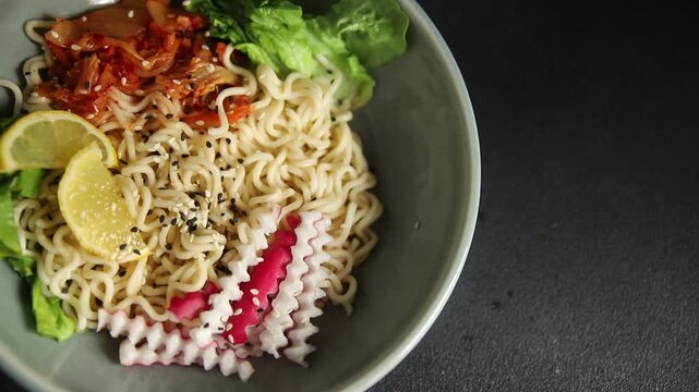 Budha boul noodle fresh gourmet food background on the table rustic food top view copy space vegan and vegetarian food