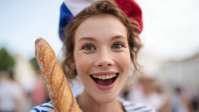 Young Caucasian woman joyfully celebrates Bastille Day, holding a baguette with French flag in the background embodies cultural festivity and patriotism joie de vivre - Powered by Adobe