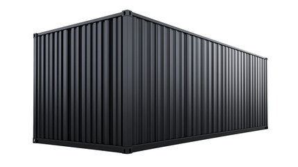 A black metal shipping container with corrugated sides shown at an angled perspective.
