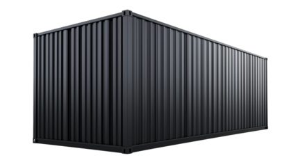 A black metal shipping container with corrugated sides shown at an angled perspective.