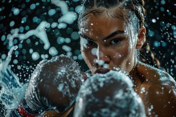 A close-up of a powerful female boxer in a defensive stance, her intense gaze fixed on the camera. Her face is beaded with water, and splashes create a dynamic, artistic bokeh effect around her