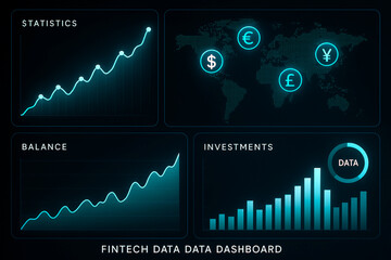 Fintech Data Analytics Dashboard with Glowing Charts and Currency Icons on Abstract Futuristic Financial Tech Background