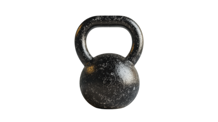 A black, textured cast iron kettlebell with a solid handle designed for strength training and fitness workouts.