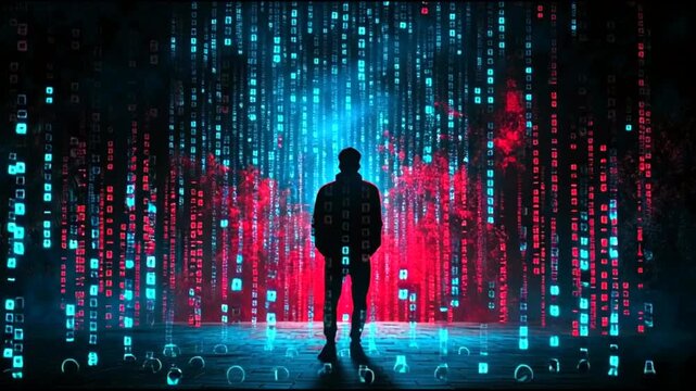 Silhouette in abstract digital rain exploring futuristic data flow