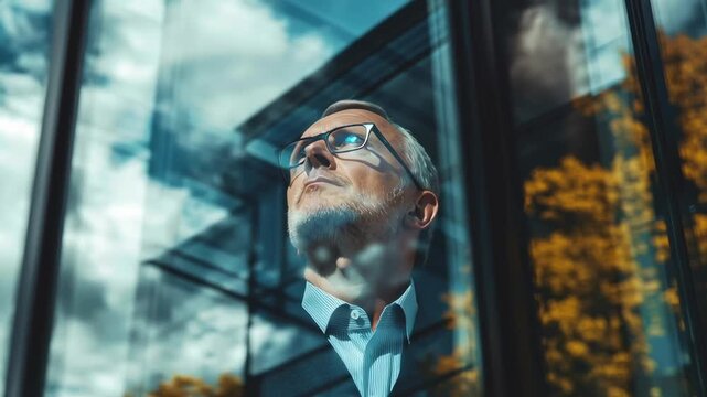 A man in a suit is looking out a window. The man is wearing glasses and he is looking at something outside. The window is large and clear, allowing the man to see the outside world