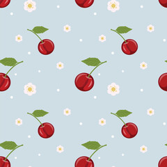 Seamless Cherry Pattern on Blue Background, Cute Red Cherry and Flower Summer Design, Juicy Cherry Repeat Print with Leaves and Blossoms