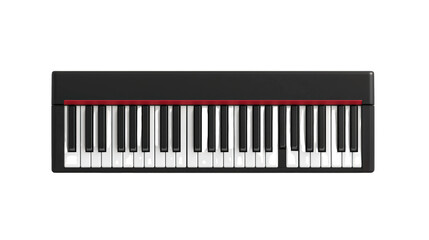 Fototapeta premium A modern electronic keyboard with black and white keys, featuring a sleek black body and a red stripe above the keys.