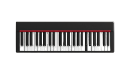 A modern electronic keyboard with black and white keys, featuring a sleek black body and a red stripe above the keys.