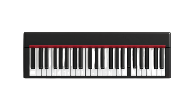 A modern electronic keyboard with black and white keys, featuring a sleek black body and a red stripe above the keys.
