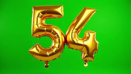 Golden number fifty four foil balloons floating against a vibrant green screen backdrop, perfect for celebrations and birthdays - Powered by Adobe