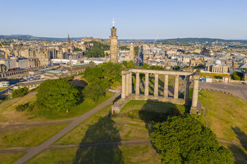 Aerial image of Calton Hill and the surrounding cityscape in Edinburgh - Scotland. 