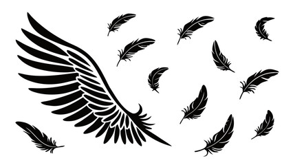 Black Wing and Feather Silhouette Set – Vector Collection of Flying Feathers and Angel Wing Design on White Background
