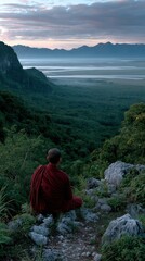 Naklejka premium Monk in meditation overlooks beautiful mountain landscape