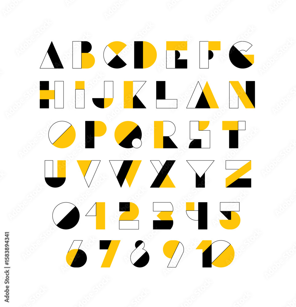 Poster typography font with geometric alphabet. modern abstract typeface design with letters and numbers in