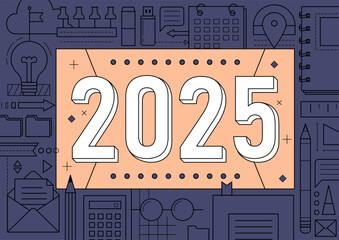 Geometric background of 2025 new year. Business, office work concept with creative flat pattern with books, calendar, pen, paper notebook. 2025 year banner with geometric pattern, vector illustration