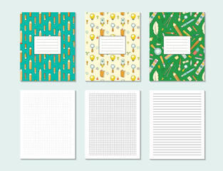 School notebook covers set and page templates. Education concept poster with stationery pattern, office supplies and blank paper sheets with lines, dots, squares, vector illustration