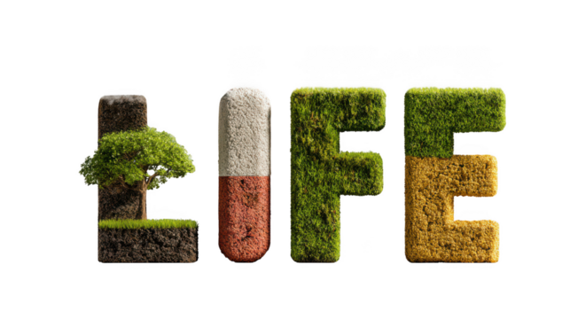 The word life is formed by natural elements and a capsule, symbolizing health and growth isolated on transparent background