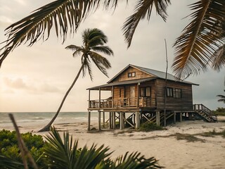 A rustic beach house on stilts stands amidst palm trees and sandy shores, offering a tranquil tropical getaway