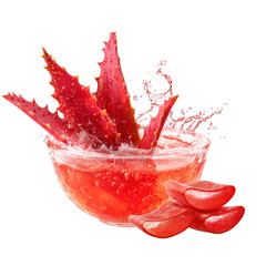 Vibrant red aloe vera leaves emerge from a clear bowl filled with refreshing liquid, with slices of the plant nearby, suggesting healthy hydration isolated on transparent background