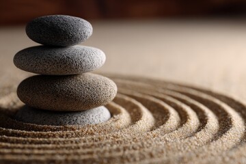 Stacked zen stones on raked sand in a Japanese garden
