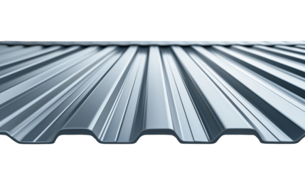 Corrugated metal sheet with a reflective, ribbed surface designed for roofing or siding applications.