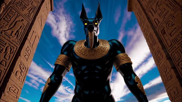 Anubis, the Egyptian god of the dead, standing majestically between ancient hieroglyphic pillars under a vibrant blue sky, symbolizing mythology and ancient civilizations