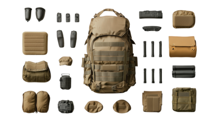Tactical military backpack in tan color surrounded by modular pouches and accessories designed for versatile combat or outdoor use.