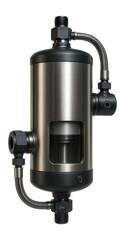 Piston accumulator featuring a robust steel casing with a sliding piston for fluid energy storage in an injection molding facility.