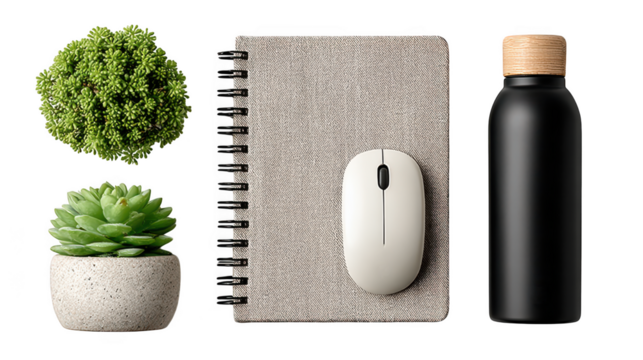 A modern desk setup featuring a grey spiral notebook, a white computer mouse, a black water bottle, and two green potted plants isolated on transparent background