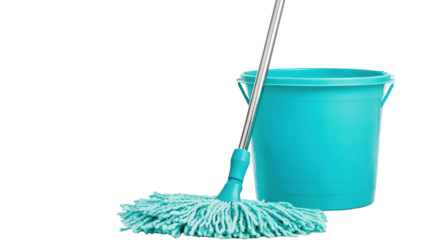 A blue mop with a telescopic handle and a matching blue bucket designed for efficient floor cleaning.