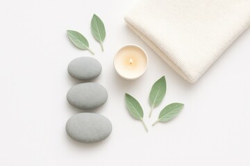Minimal Spa Composition with Candle Stones Leaves and Towel
