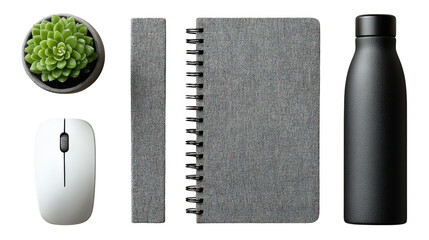 A modern desk setup featuring a succulent plant, computer mouse, spiral notebook, and reusable water bottle isolated on transparent background