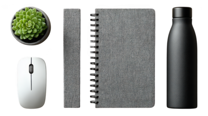 A modern desk setup featuring a succulent plant, computer mouse, spiral notebook, and reusable water bottle isolated on transparent background