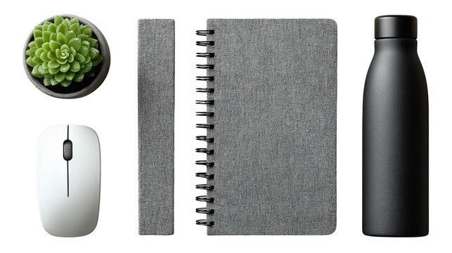 A modern desk setup featuring a succulent plant, computer mouse, spiral notebook, and reusable water bottle isolated on transparent background