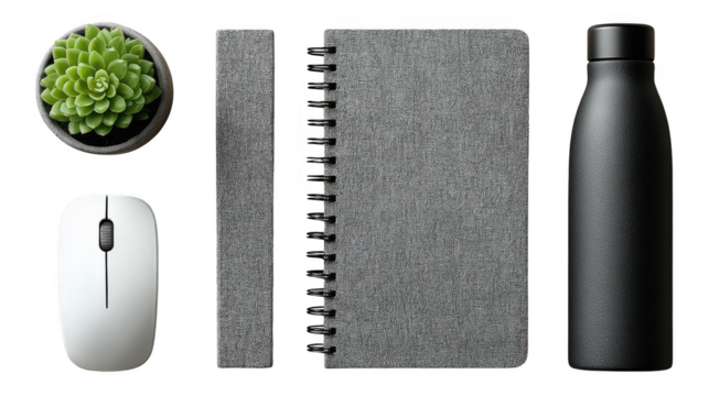 A modern desk setup featuring a succulent plant, computer mouse, spiral notebook, and reusable water bottle isolated on transparent background