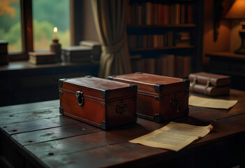 Old-Fashioned Leather Boxes Displayed on Wooden Tabletop