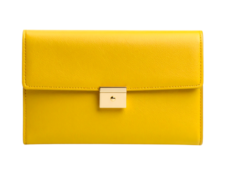 A vibrant yellow leather clutch purse is isolated on white background