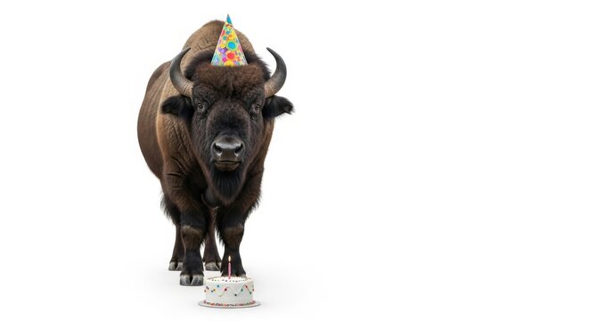buffalo wearing a birthday hat with a birthday cake, party celebration image, white background