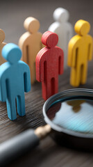 Colorful wooden figures examined by magnifying glass on textured surface people examination